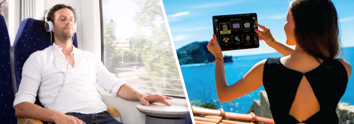 GuideReader Tablet in use on the train and on the beach